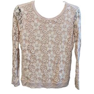 Adrianna Papell, Women's Lace Overlay Top Size Medium Pink Floral Long Sleeve